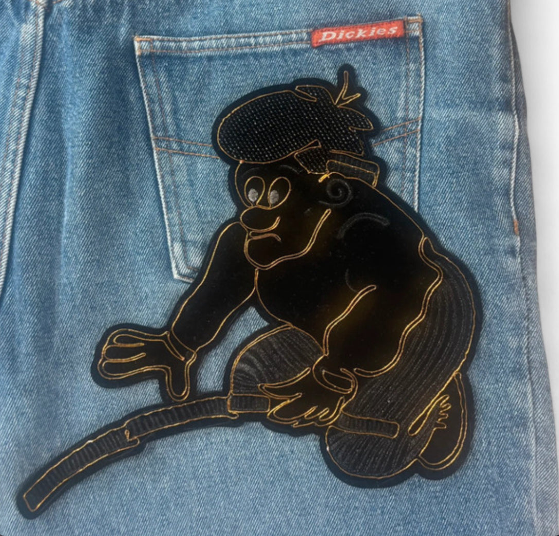 VINTAGE DICKIES BIG GRAPHIC CHARACTER PATCH BAGGY RAW-HEM DENIM JORTS W36 XL - 1 OF 1
