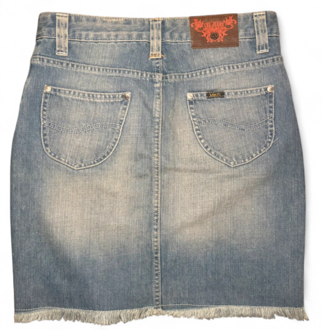 VINTAGE LEE Y2K EMBROIDERED BUTTERFLY DENIM MINI SKIRT STAR APPLIQUÉ CARGO LIGHT WASH W28