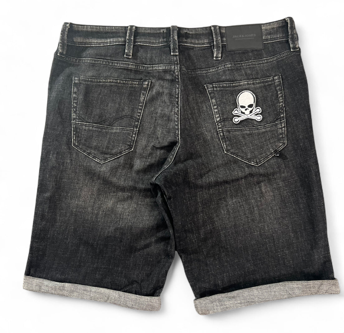 1 OF 1 REWORKED JACK & JONES EMBROIDERED SKULL & STAR PATCH DENIM JORTS WASHED BLACK REGULAR FIT W36