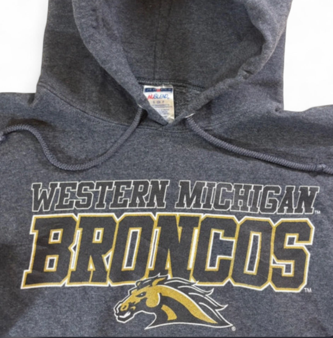 VINTAGE WESTERN MICHIGAN UNIVERSITY BRONCOS COLLEGE OVERSIZED STYLE HOODIE SMALL GREY JERZEES
