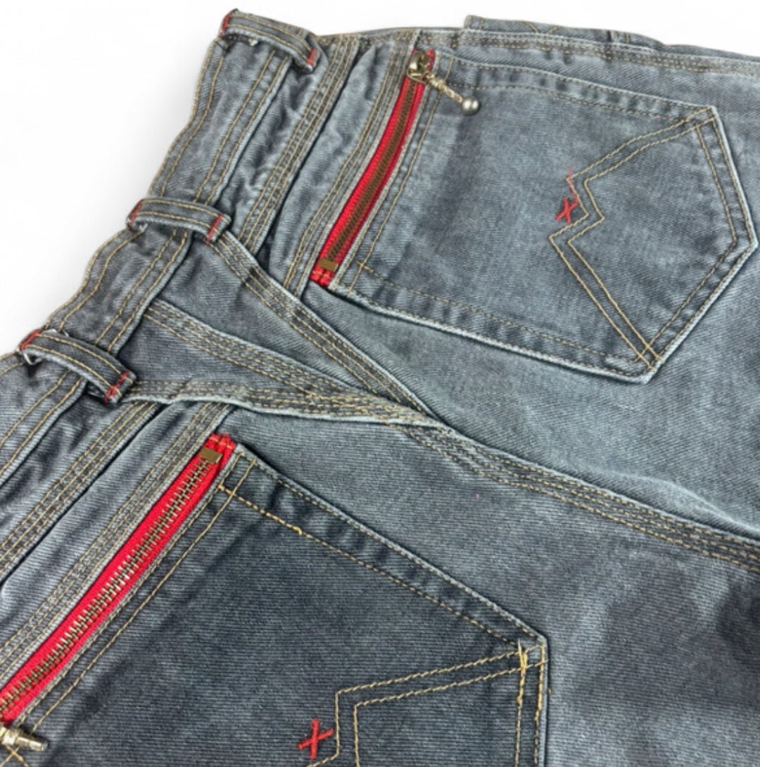 90s JINGLERS VINTAGE DENIM JORTS - GREY ACID WASH RED ZIP W26