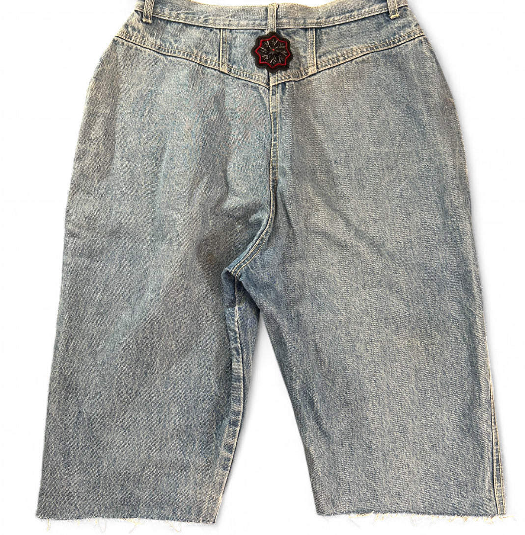 1 OF 1 REWORKED VINTAGE GITANO EMBROIDERED PATCH DENIM JORTS LIGHT WASH BAGGY 16 SHORT