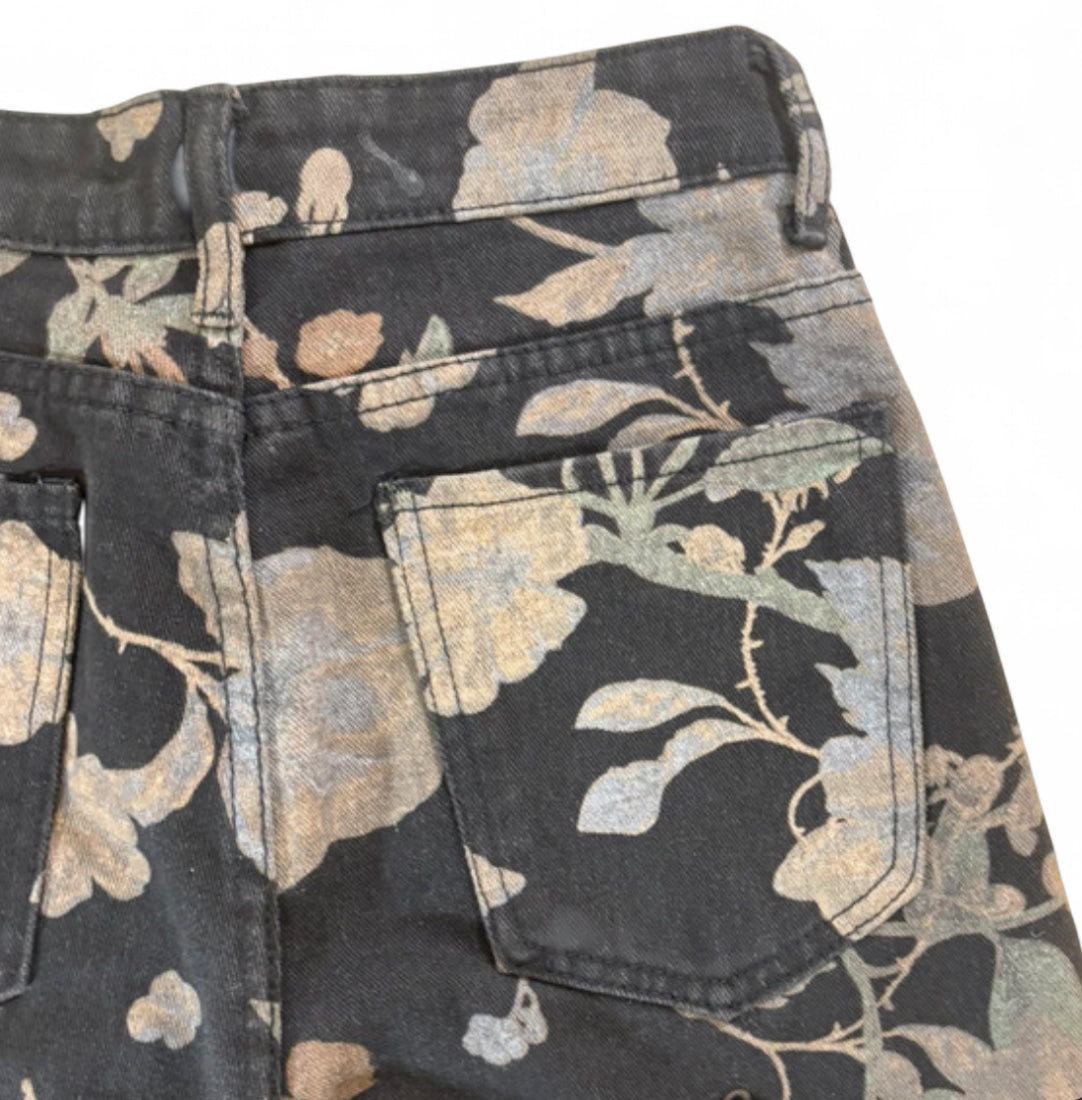 BH FLORAL TAPESTRY DENIM JORTS - FADED BLACK VINTAGE FLOWER PRINT