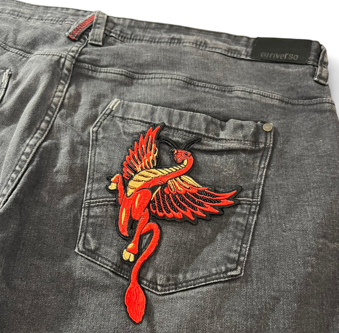 RIVERSO ORIGINAL COLLECTION BLACK DENIM JORTS DRAGON PATCH W38