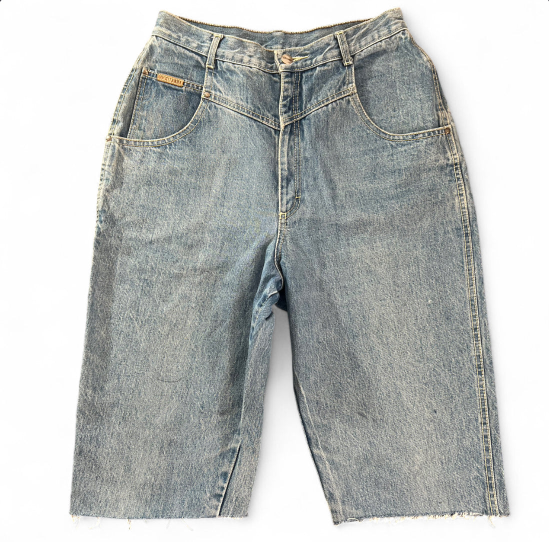 1 OF 1 REWORKED VINTAGE GITANO EMBROIDERED PATCH DENIM JORTS LIGHT WASH BAGGY 16 SHORT