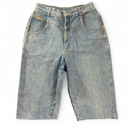 1 OF 1 REWORKED VINTAGE GITANO EMBROIDERED PATCH DENIM JORTS LIGHT WASH BAGGY 16 SHORT