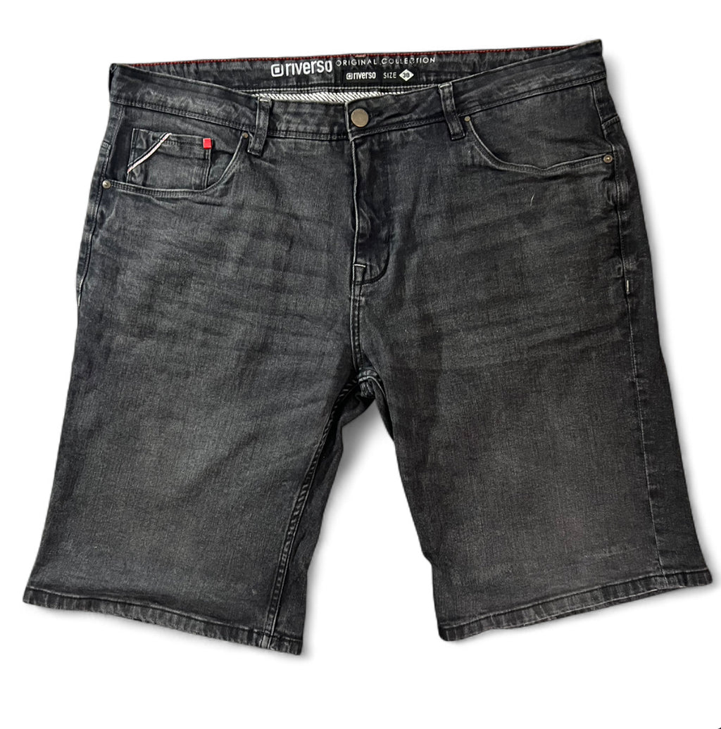 RIVERSO ORIGINAL COLLECTION BLACK DENIM JORTS DRAGON PATCH W38