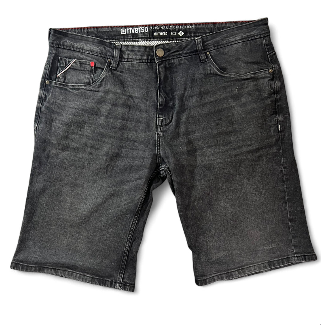 RIVERSO ORIGINAL COLLECTION BLACK DENIM JORTS DRAGON PATCH W38