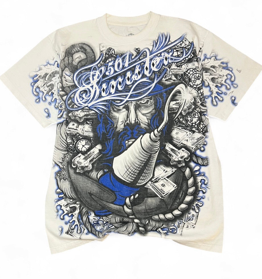 VINTAGE SINISTER BRAND ALL OVER PRINT GRAPHIC T-SHIRT PIRATE HOOK CASH L