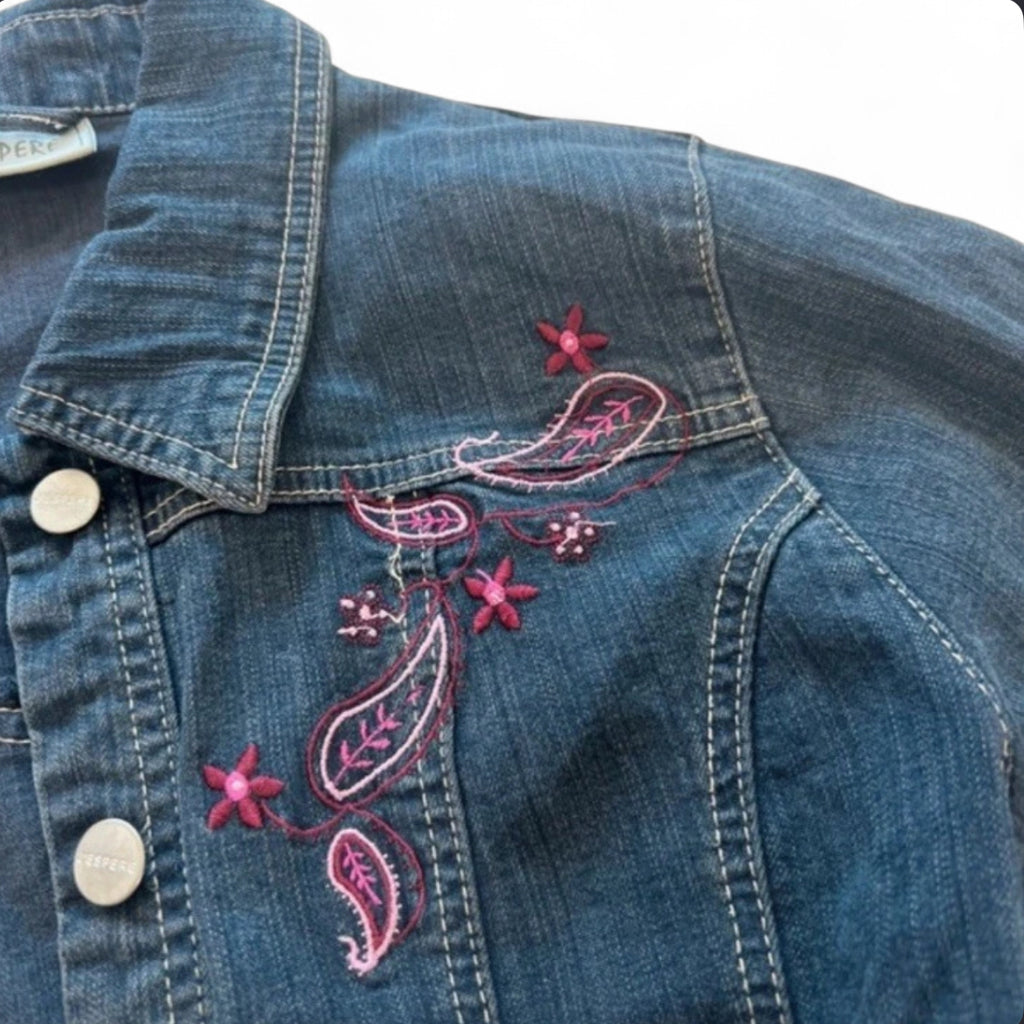 VINTAGE Y2K J'ESPERE EMBROIDERED DENIM JACKET DARK WASH UK 14