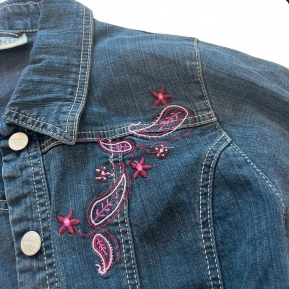VINTAGE Y2K J'ESPERE EMBROIDERED DENIM JACKET DARK WASH UK 14