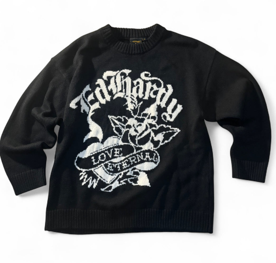 VINTAGE STYLE ED HARDY x URBAN OUTFITTERS LOVE ETERNAL BLACK KNIT JUMPER S