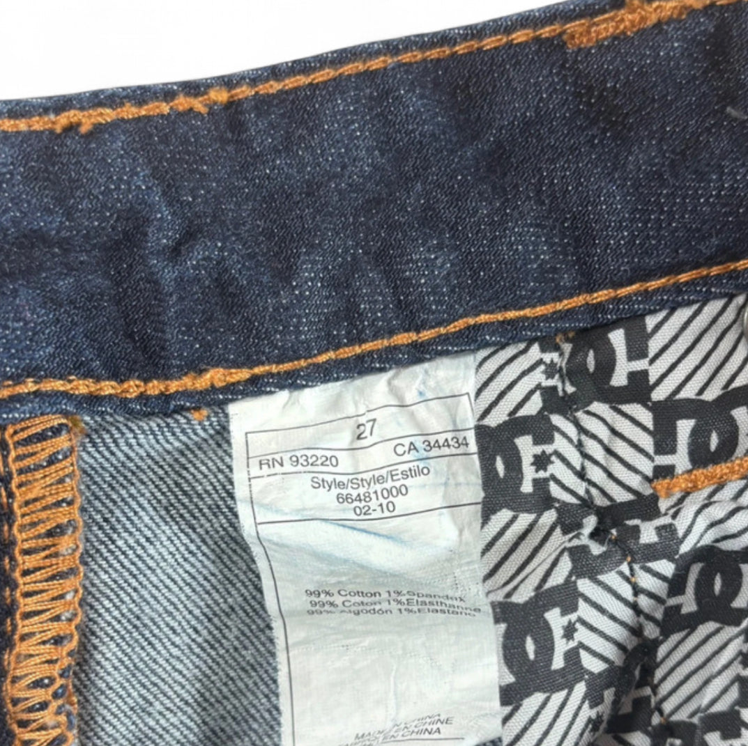 VINTAGE Y2K DC SHOES DENIM MINI SKIRT DARK WASH BIG POCKET LOGO SIZE 27 W29