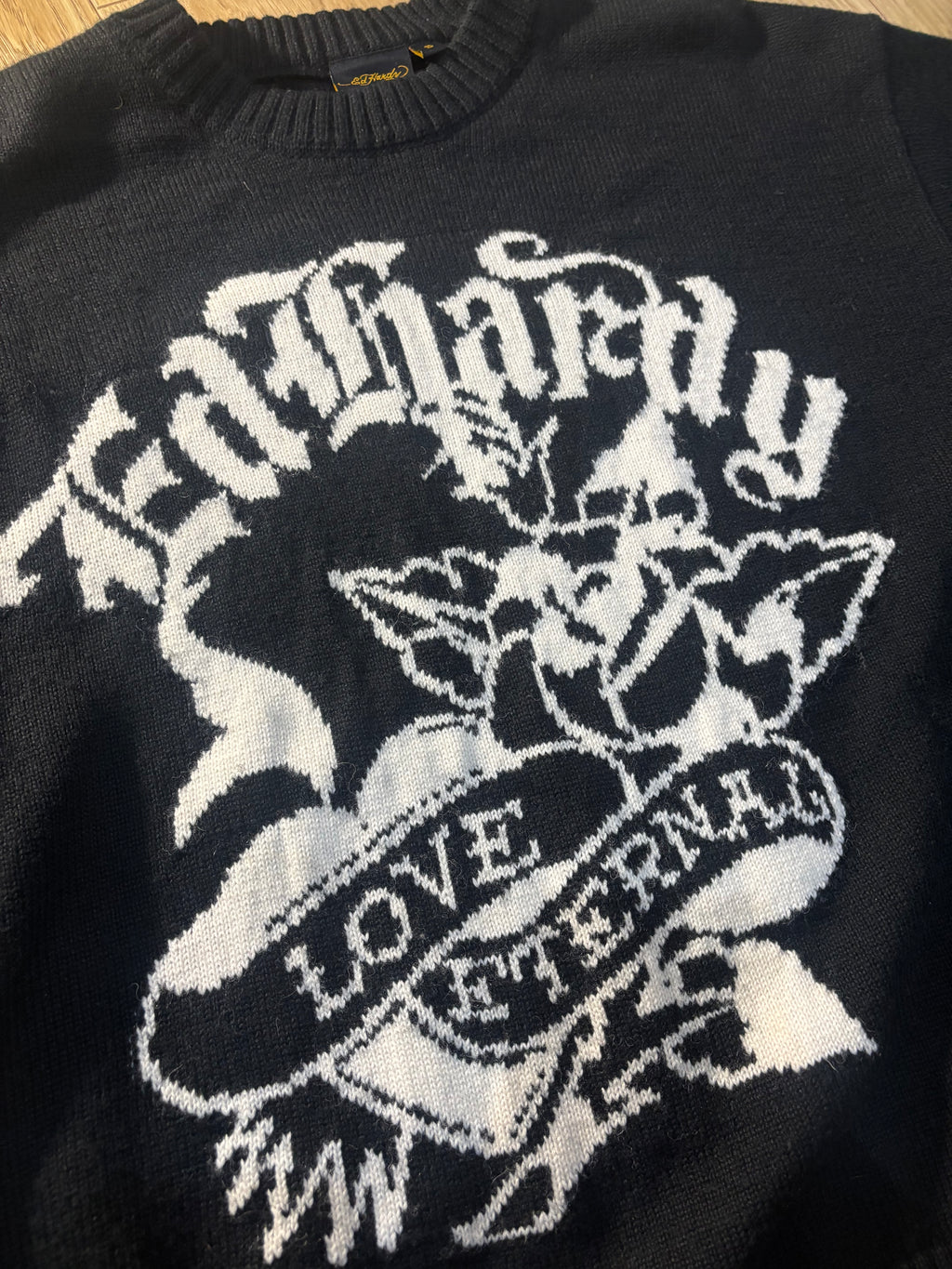 VINTAGE STYLE ED HARDY x URBAN OUTFITTERS LOVE ETERNAL BLACK KNIT JUMPER S