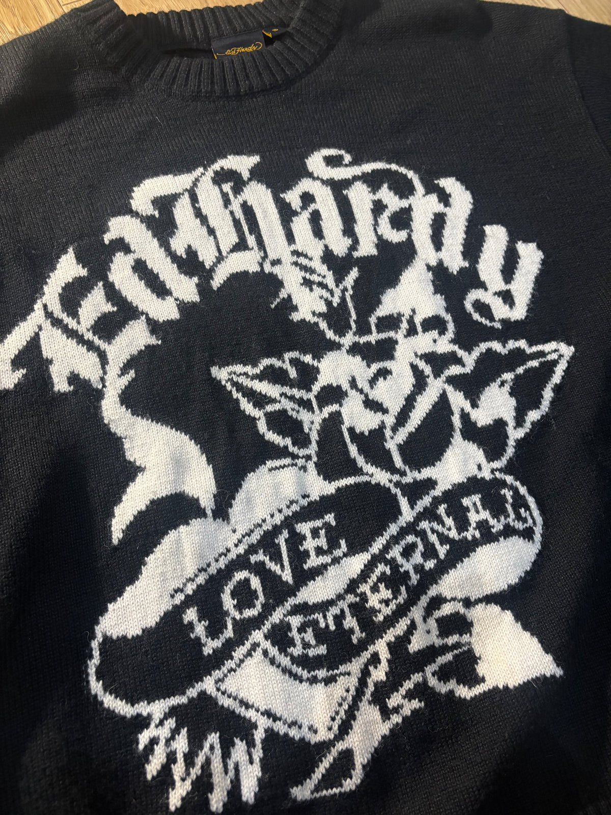 VINTAGE STYLE ED HARDY x URBAN OUTFITTERS LOVE ETERNAL BLACK KNIT JUMPER S