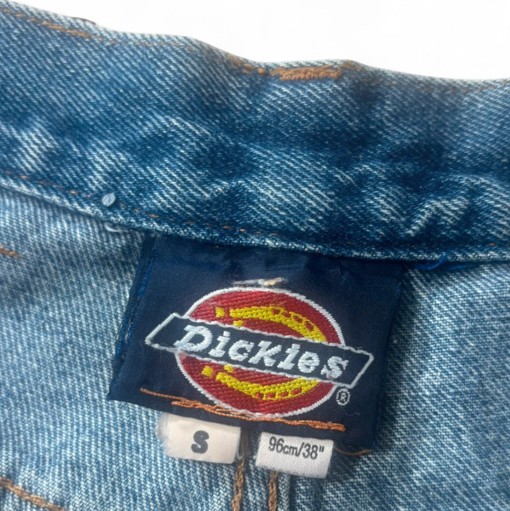 VINTAGE DICKIES BIG GRAPHIC CHARACTER PATCH BAGGY RAW-HEM DENIM JORTS W36 XL - 1 OF 1