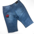 1 OF 1 REWORKED VINTAGE NO FEAR EMBROIDERED ROSE PATCH DENIM JORTS MEDIUM WASH BAGGY L W34