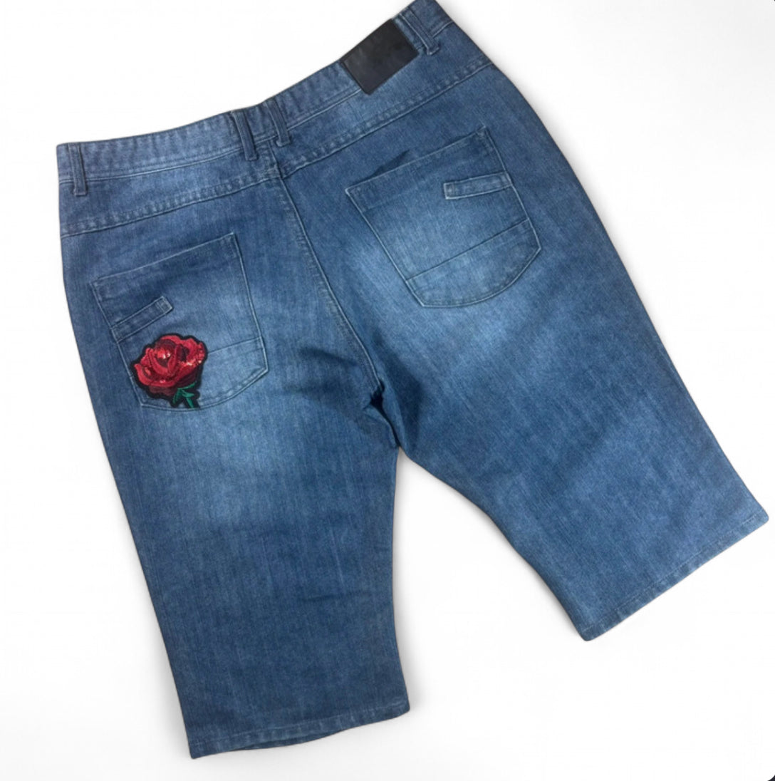 1 OF 1 REWORKED VINTAGE NO FEAR EMBROIDERED ROSE PATCH DENIM JORTS MEDIUM WASH BAGGY L W34