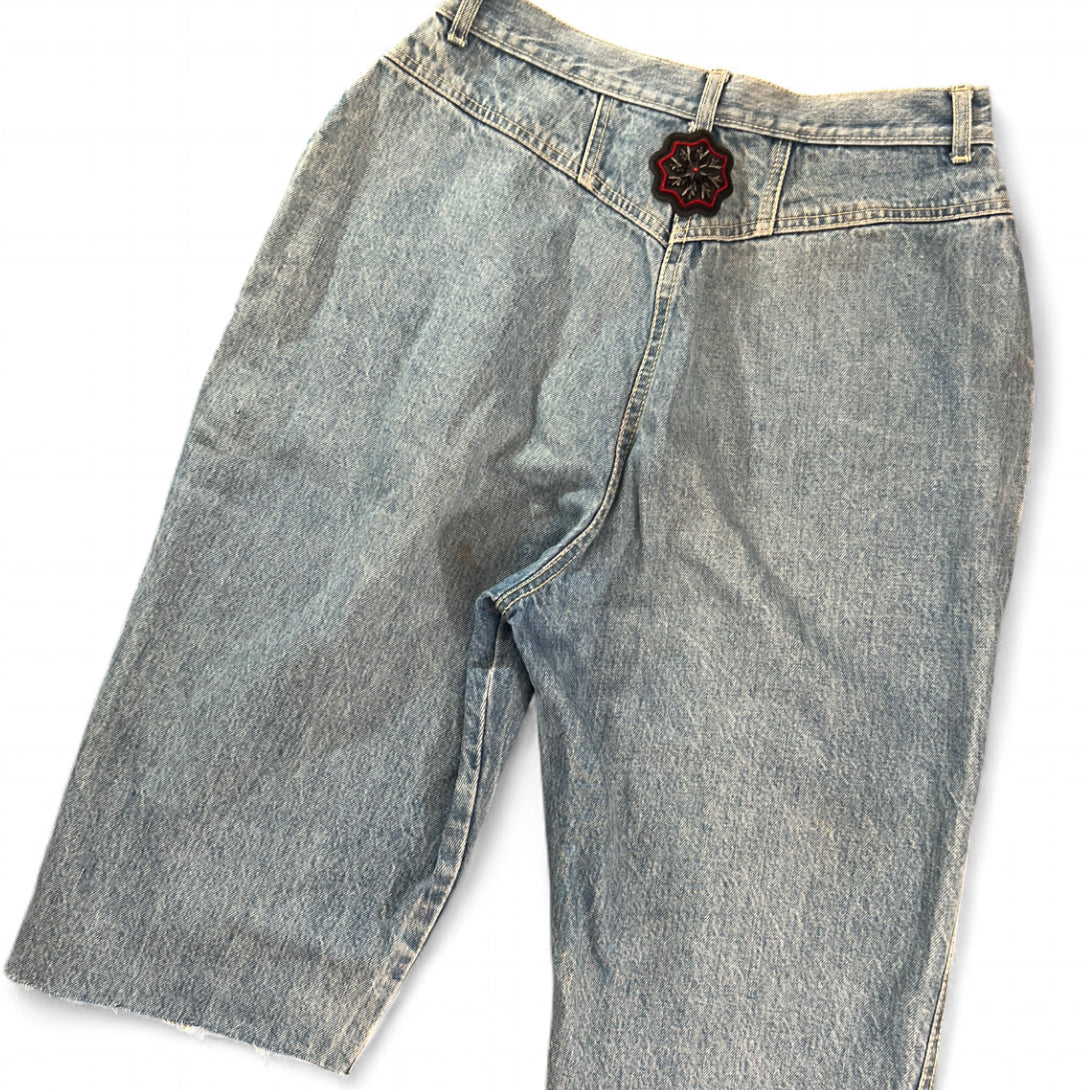 1 OF 1 REWORKED VINTAGE GITANO EMBROIDERED PATCH DENIM JORTS LIGHT WASH BAGGY 16 SHORT