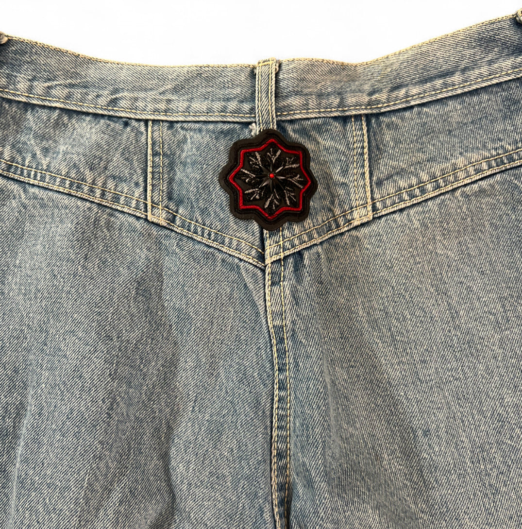 1 OF 1 REWORKED VINTAGE GITANO EMBROIDERED PATCH DENIM JORTS LIGHT WASH BAGGY 16 SHORT