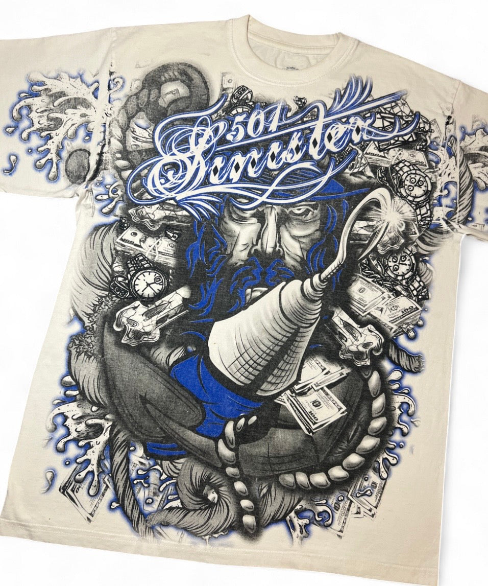 VINTAGE SINISTER BRAND ALL OVER PRINT GRAPHIC T-SHIRT PIRATE HOOK CASH L