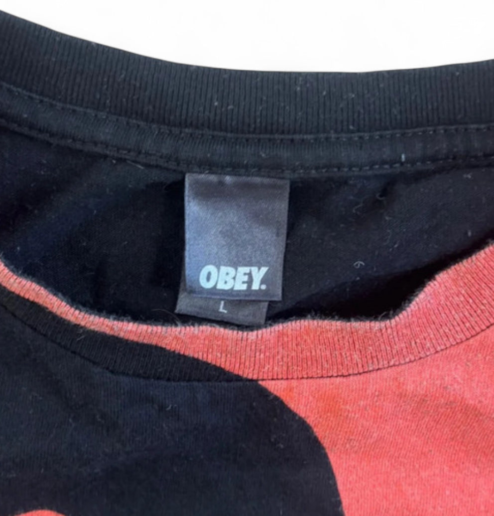 VINTAGE OBEY LOGO GIANT FACE ALL OVER PRINT T-SHIRT MENS LARGE BLACK RED