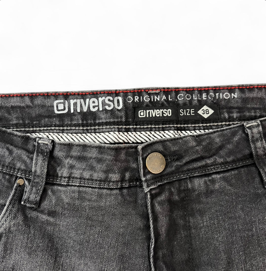 RIVERSO ORIGINAL COLLECTION BLACK DENIM JORTS DRAGON PATCH W38