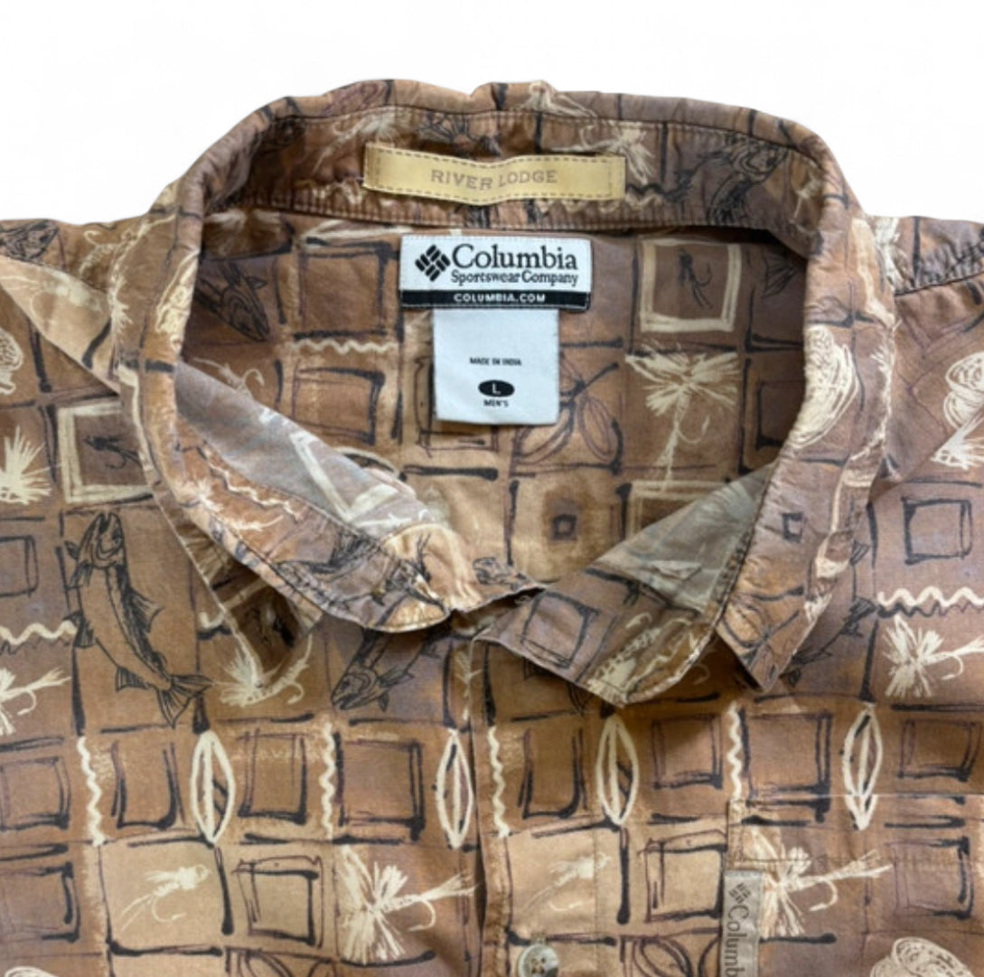 COLUMBIA RIVER LODGE VINTAGE SHORT SLEEVE BUTTON UP SHIRT - LARGE BROWN FISHING GEOMETRIC PRINT