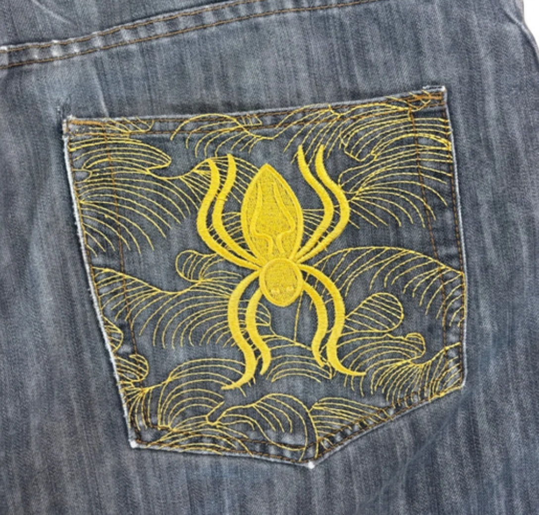 VINTAGE B&T AKADEMIKS Y2K SPIDER + WEB EMBROIDERED DENIM JORTS - GREY