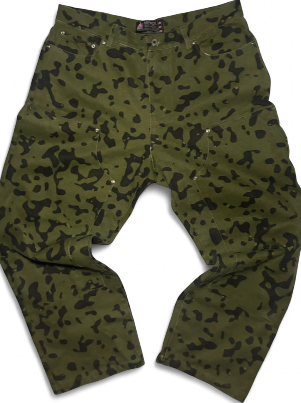 A SPACE LOVE GREEN CAMO CARPENTER JEANS BAGGY UTILITY WORKWEAR SIZE LARGE W34