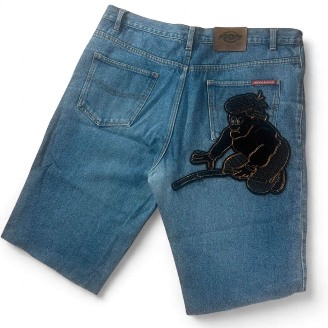 VINTAGE DICKIES BIG GRAPHIC CHARACTER PATCH BAGGY RAW-HEM DENIM JORTS W36 XL - 1 OF 1