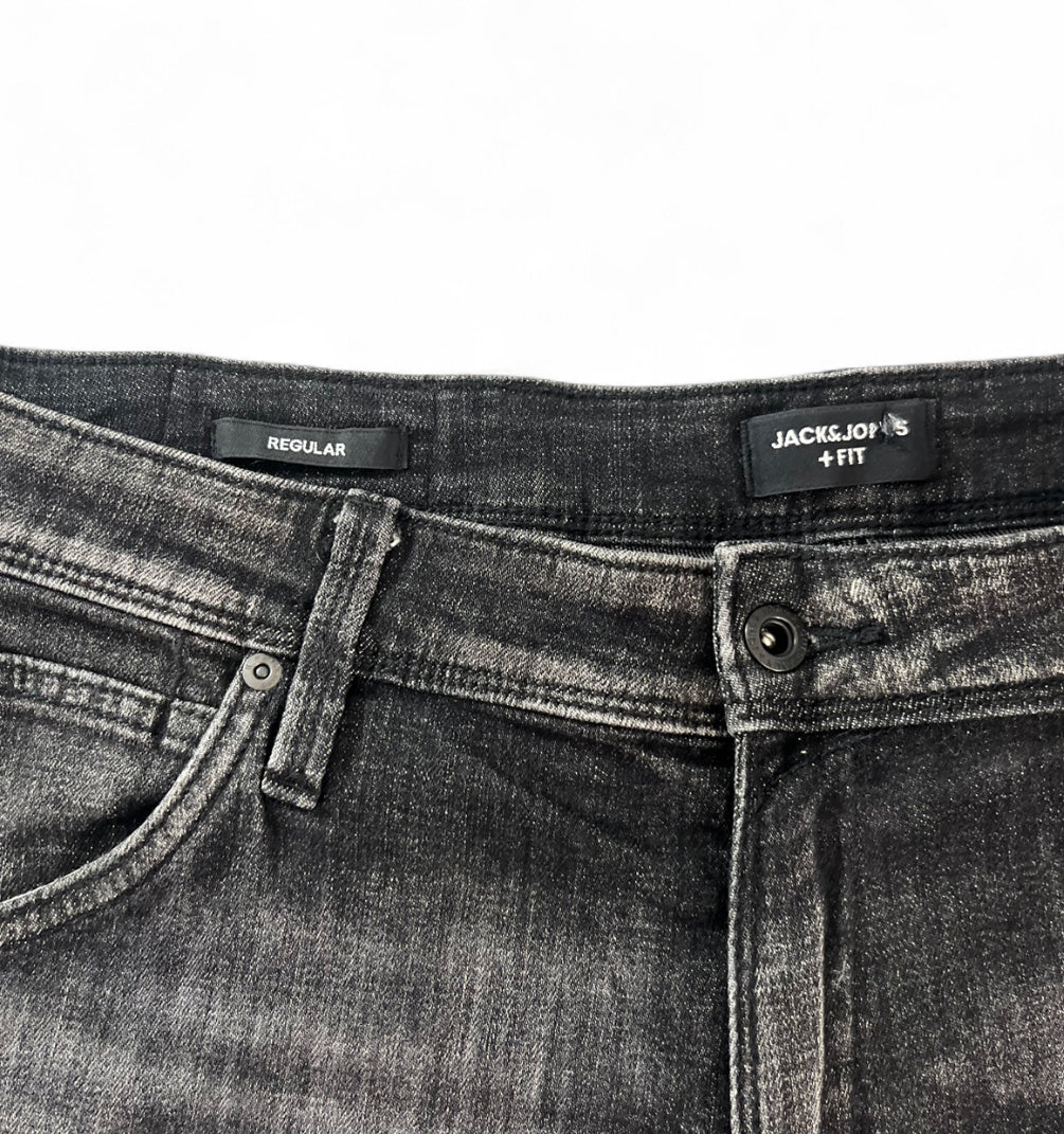 1 OF 1 REWORKED JACK & JONES EMBROIDERED SKULL & STAR PATCH DENIM JORTS WASHED BLACK REGULAR FIT W36