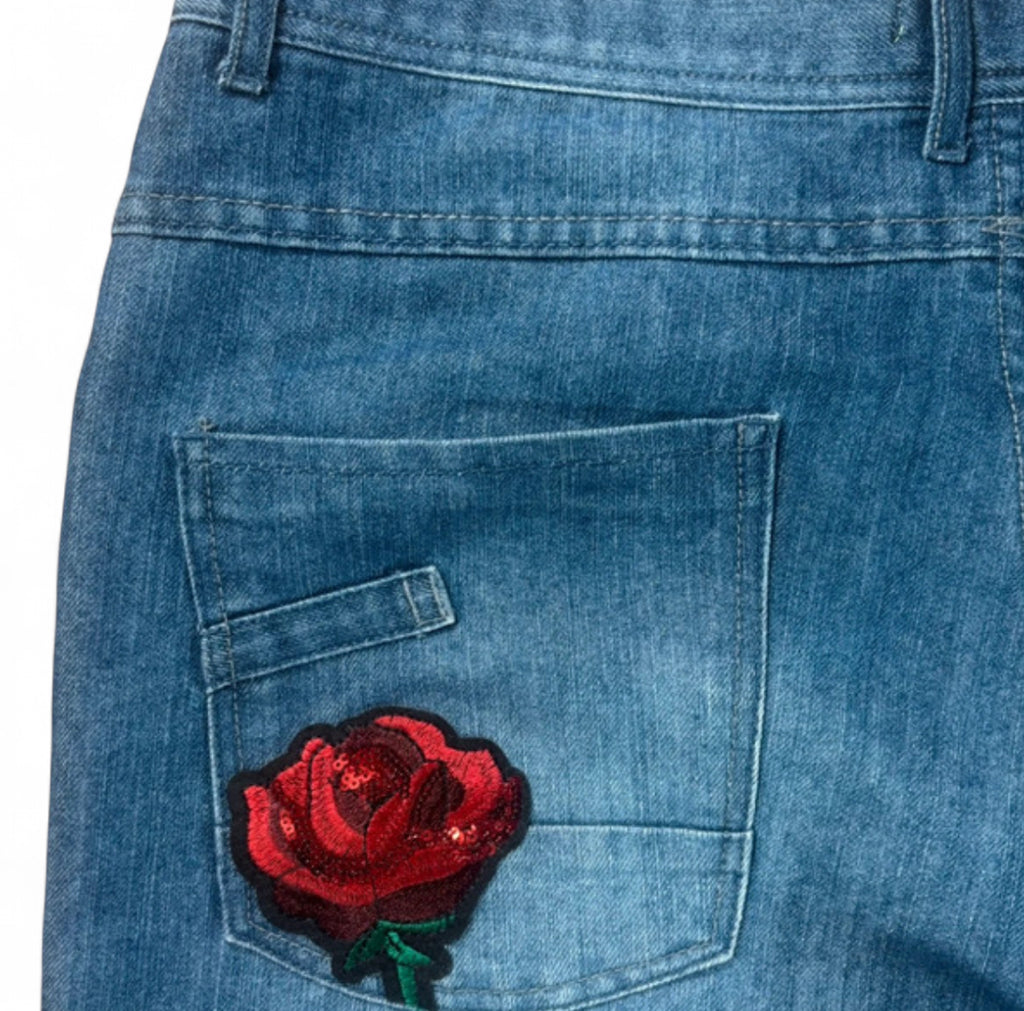 1 OF 1 REWORKED VINTAGE NO FEAR EMBROIDERED ROSE PATCH DENIM JORTS MEDIUM WASH BAGGY L W34