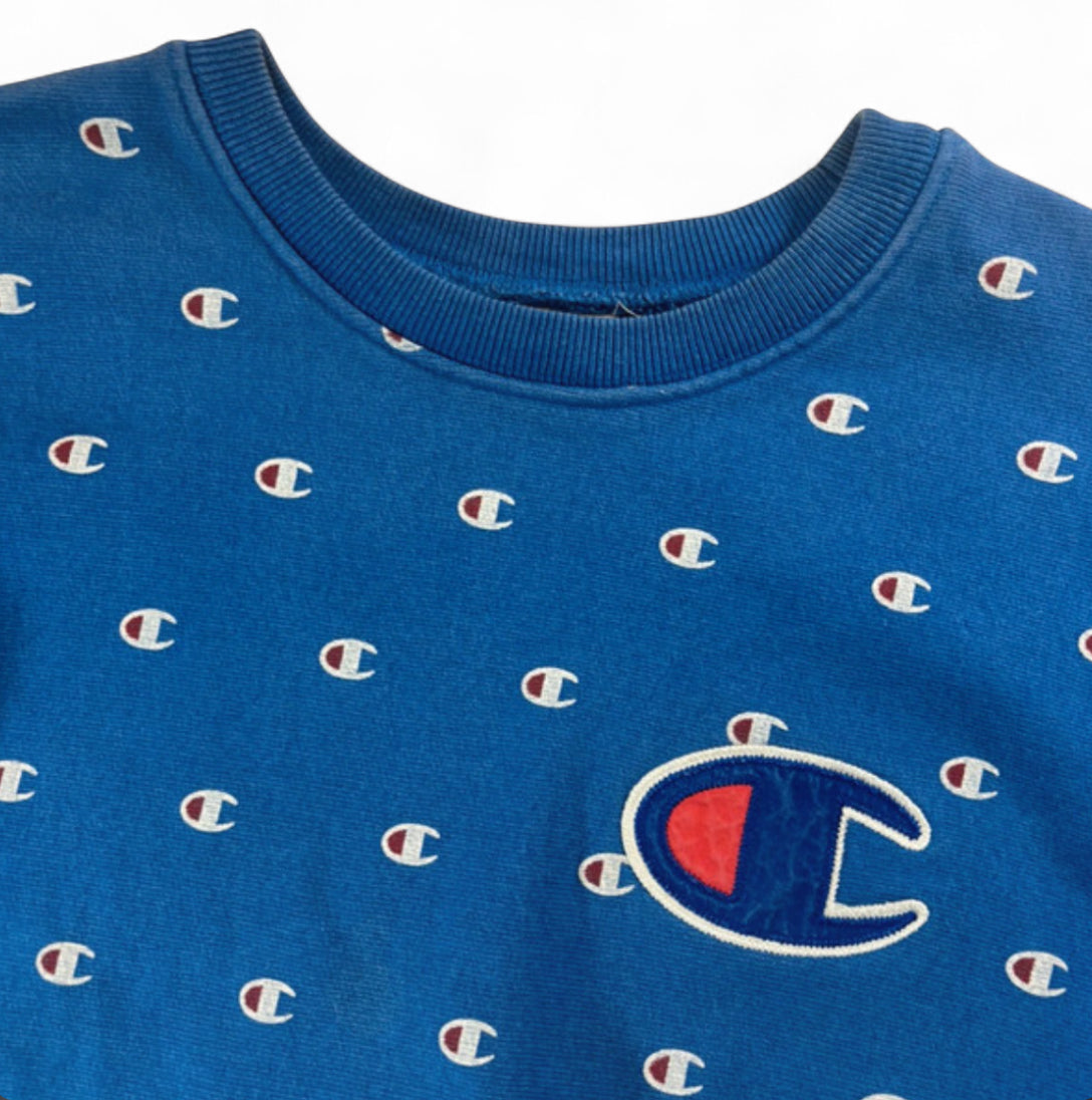 Y2K CHAMPION REVERSE WEAVE COTTON SWEATSHIRT MENS SIZE M BLUE ALL OVER PRINT STREETWEAR C LOGO