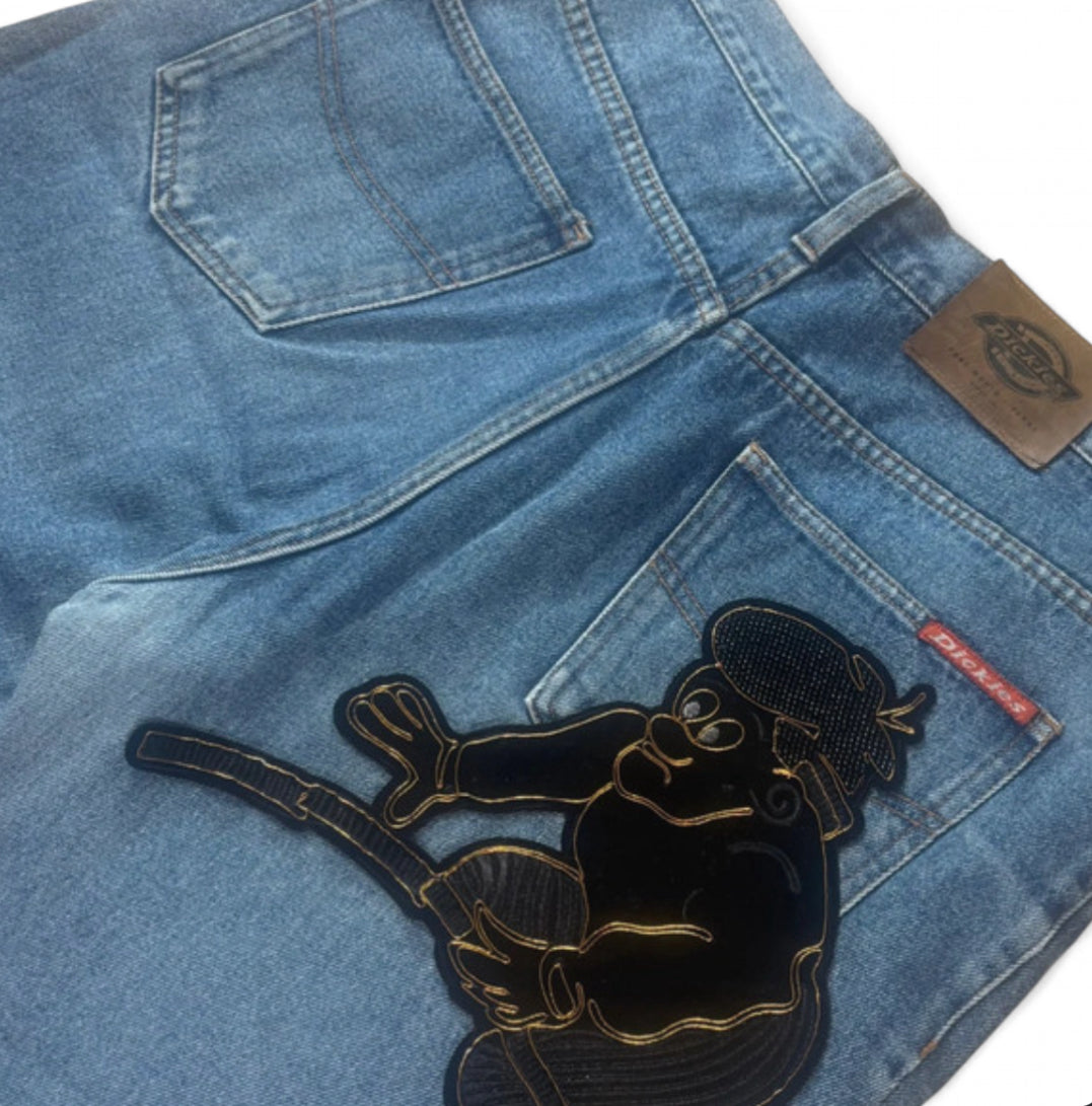 VINTAGE DICKIES BIG GRAPHIC CHARACTER PATCH BAGGY RAW-HEM DENIM JORTS W36 XL - 1 OF 1