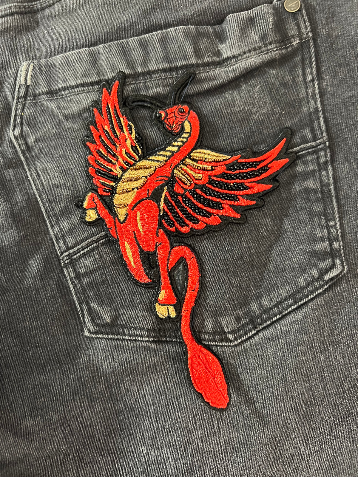 RIVERSO ORIGINAL COLLECTION BLACK DENIM JORTS DRAGON PATCH W38