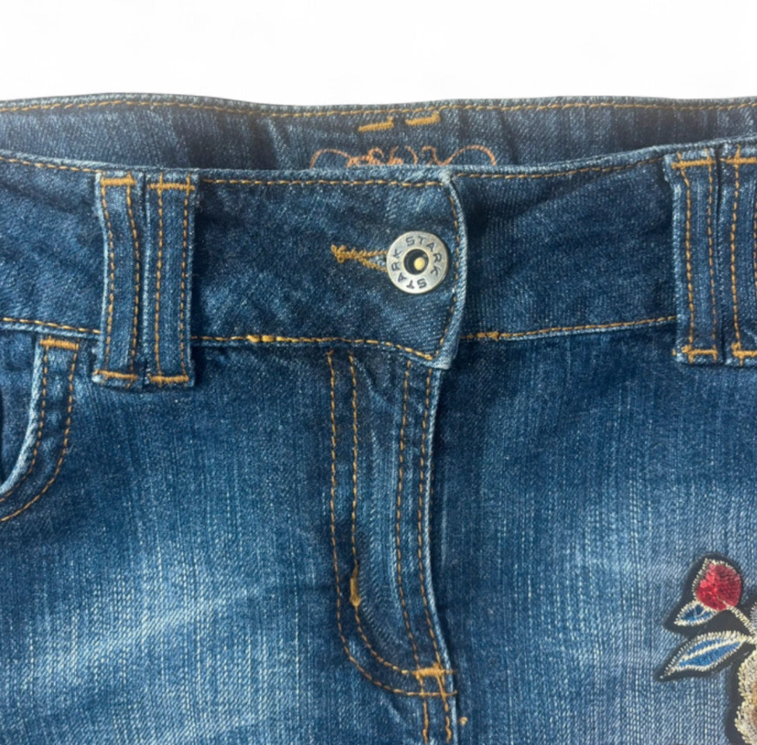 VINTAGE Y2K FLORAL EMBROIDERED PATCH DENIM SKIRT SIZE 8 BLUE JEAN MIDI MINI W28