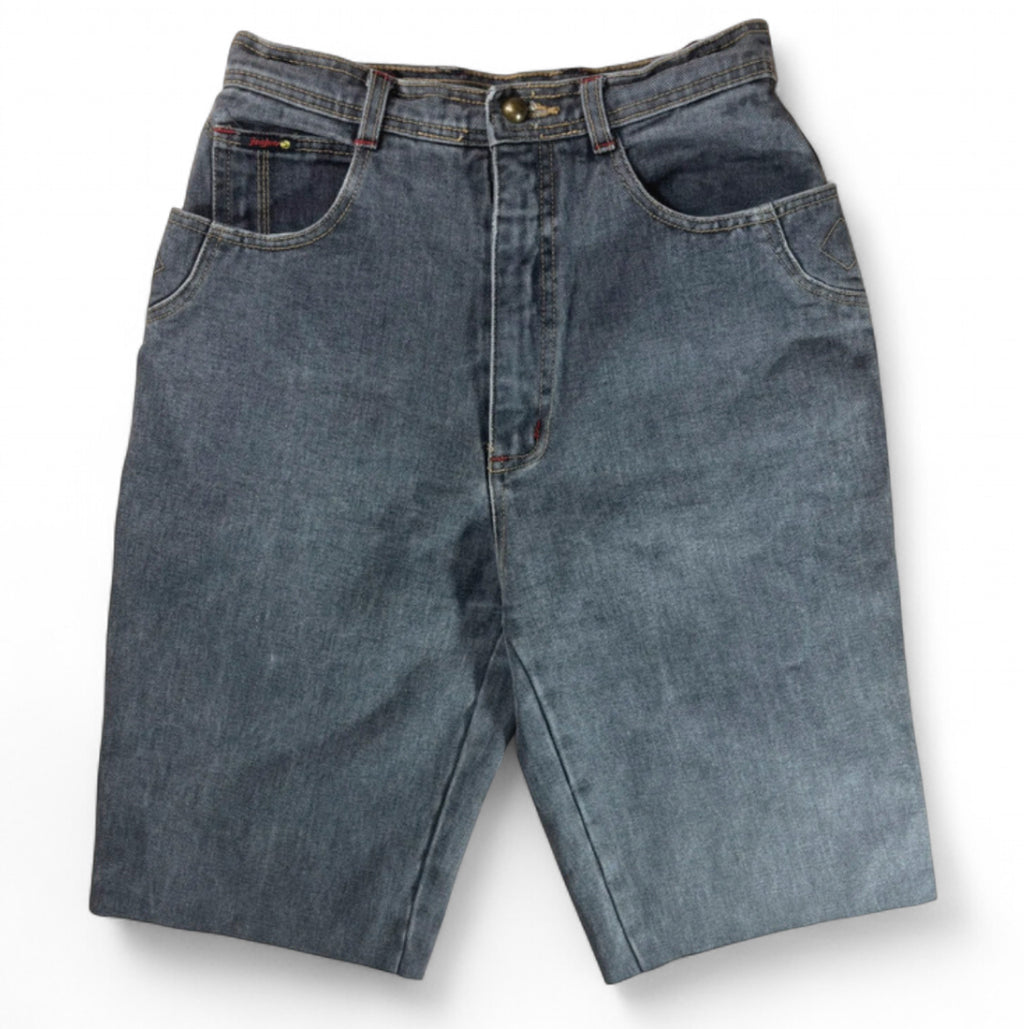90s JINGLERS VINTAGE DENIM JORTS - GREY ACID WASH RED ZIP W26
