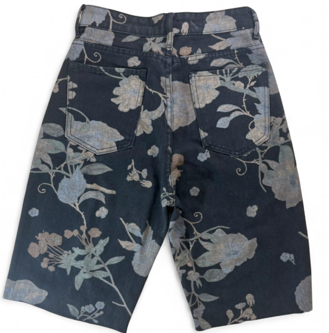 BH FLORAL TAPESTRY DENIM JORTS - FADED BLACK VINTAGE FLOWER PRINT