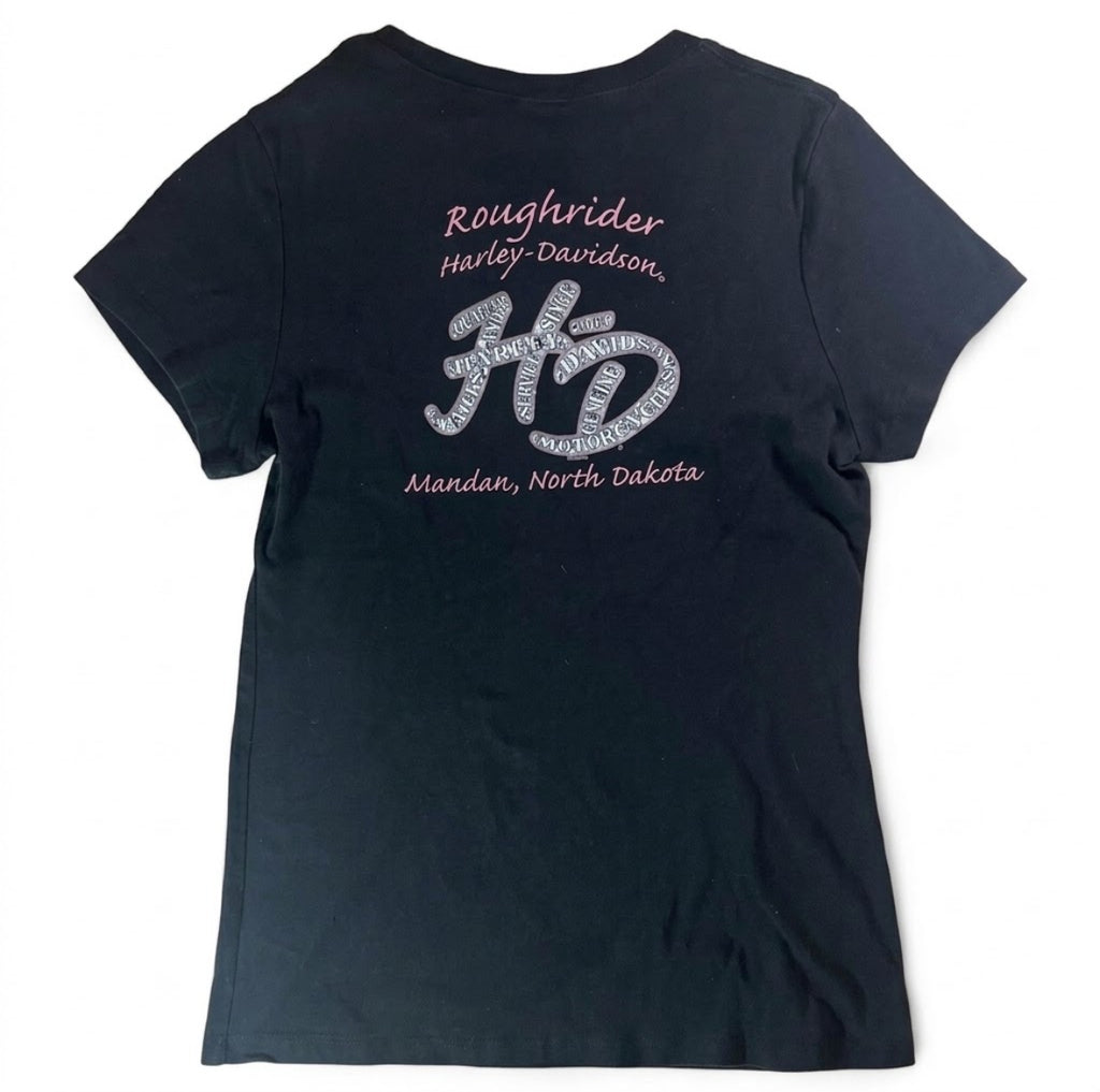 VINTAGE HARLEY DAVIDSON ROUGHRIDER NORTH DAKOTA TEE - BLACK & PINK LOGO
