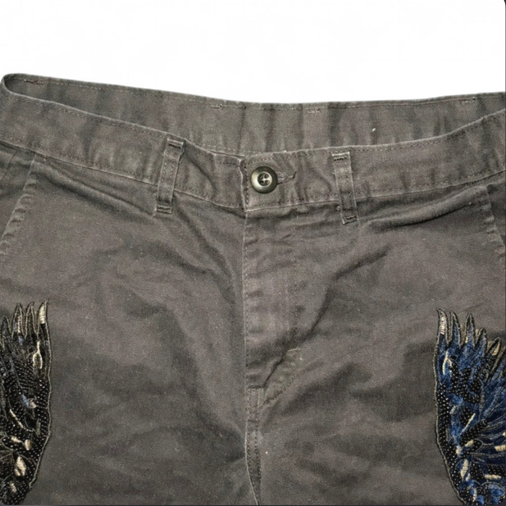 DICKIES CUSTOM SHORTS - 1 OF 1 BEADED WING - BLACK W30 Y2K BIKER