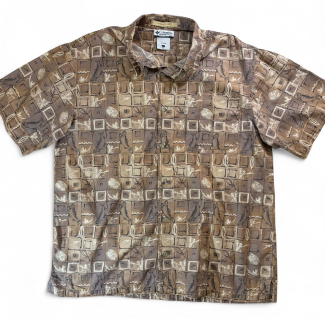COLUMBIA RIVER LODGE VINTAGE SHORT SLEEVE BUTTON UP SHIRT - LARGE BROWN FISHING GEOMETRIC PRINT