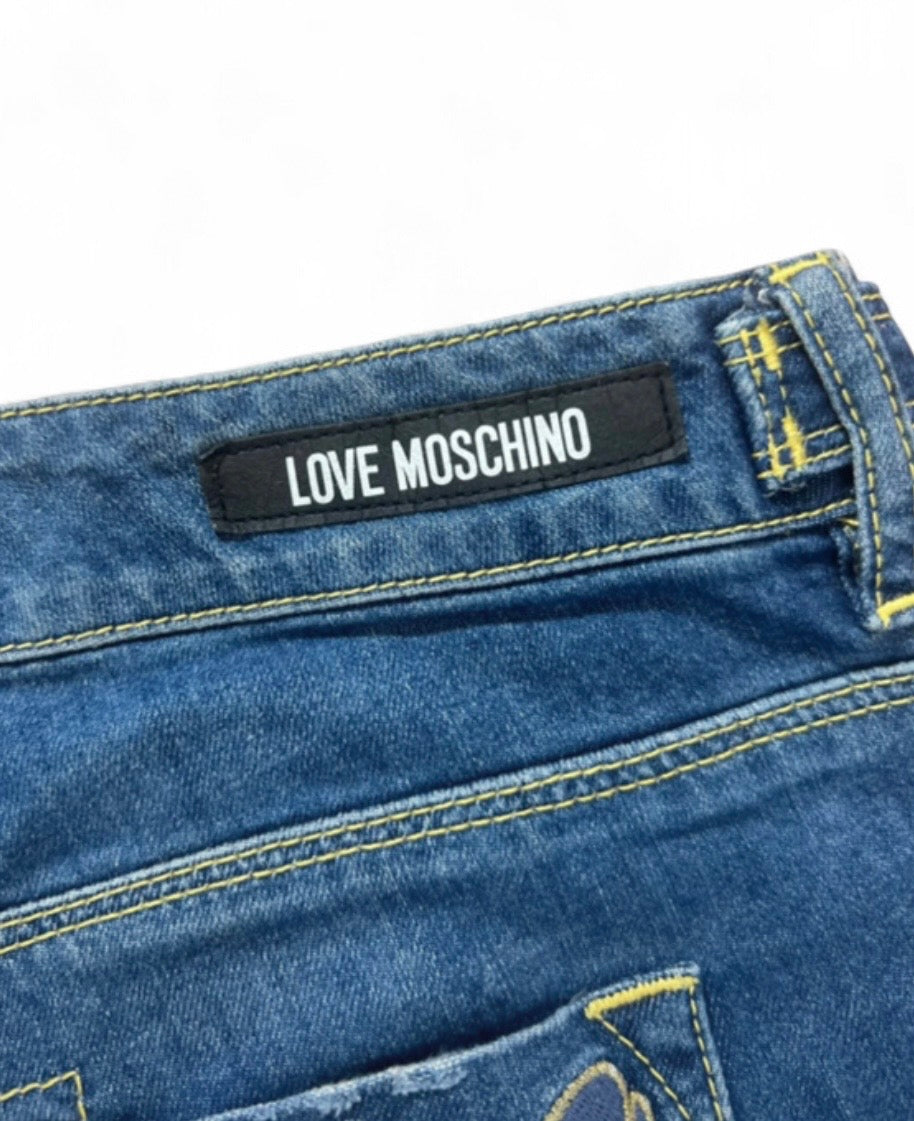 LOVE MOSCHINO Y2K EMBROIDERED "LOVE" FLARED DENIM JEANS W27 (UK 8-10)