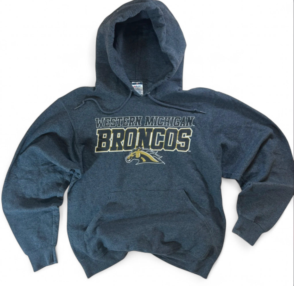 VINTAGE WESTERN MICHIGAN UNIVERSITY BRONCOS COLLEGE OVERSIZED STYLE HOODIE SMALL GREY JERZEES