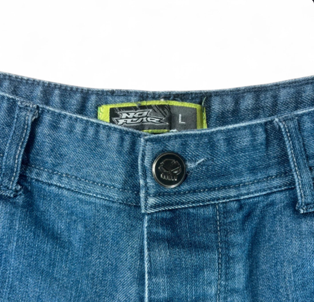 1 OF 1 REWORKED VINTAGE NO FEAR EMBROIDERED ROSE PATCH DENIM JORTS MEDIUM WASH BAGGY L W34