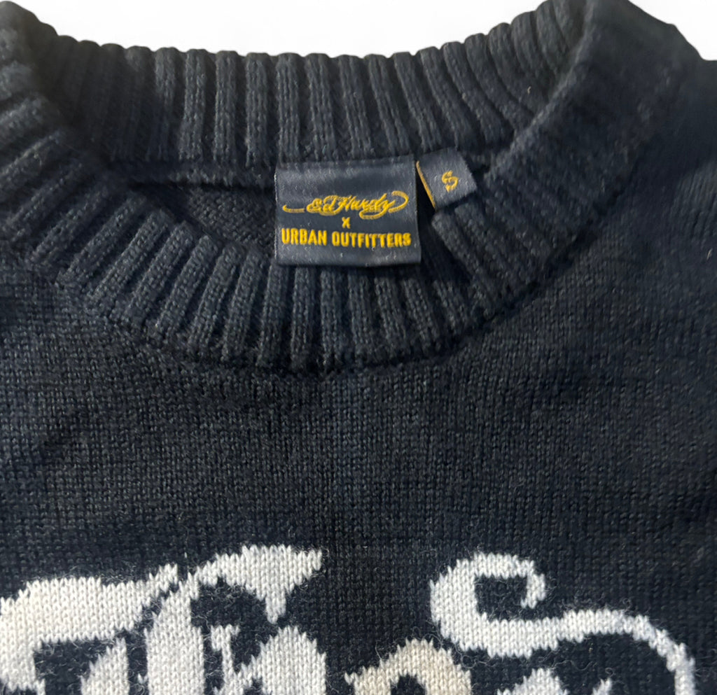 VINTAGE STYLE ED HARDY x URBAN OUTFITTERS LOVE ETERNAL BLACK KNIT JUMPER S