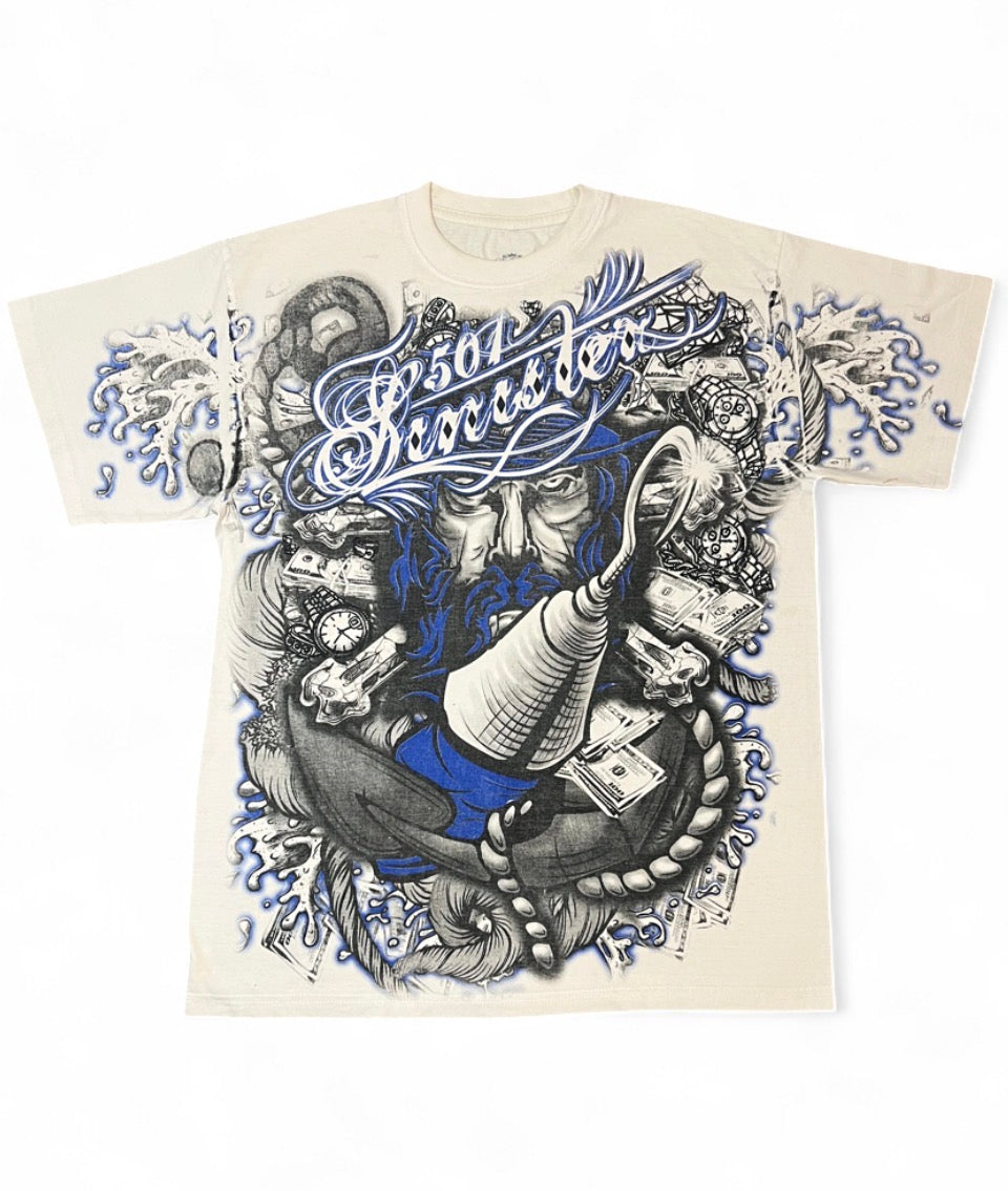 VINTAGE SINISTER BRAND ALL OVER PRINT GRAPHIC T-SHIRT PIRATE HOOK CASH L