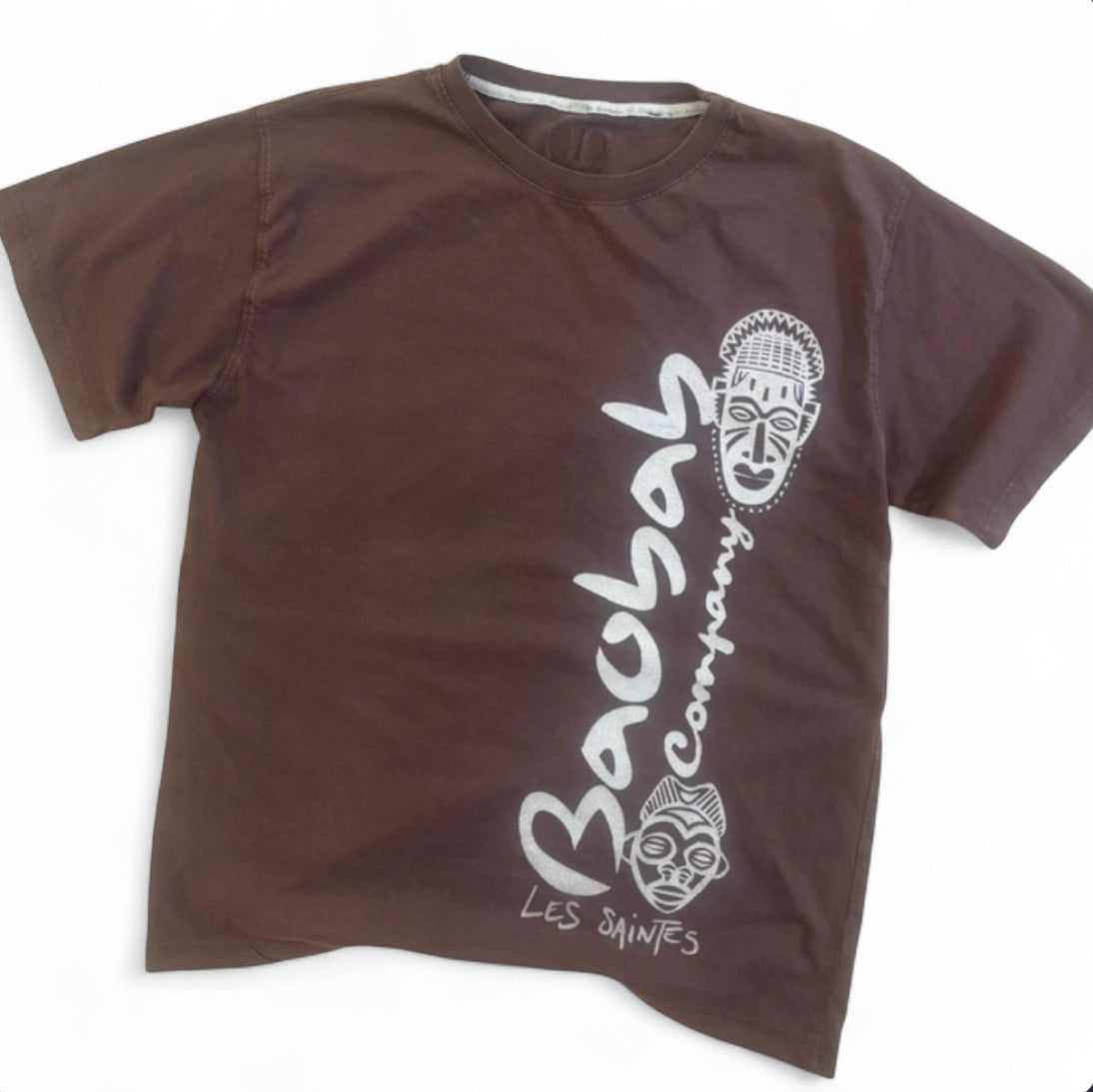 Y2K ERA 2009 BAOBAB COMPANY BROWN GRAPHIC T-SHIRT TRIBAL MASKS LES SAINTES LARGE