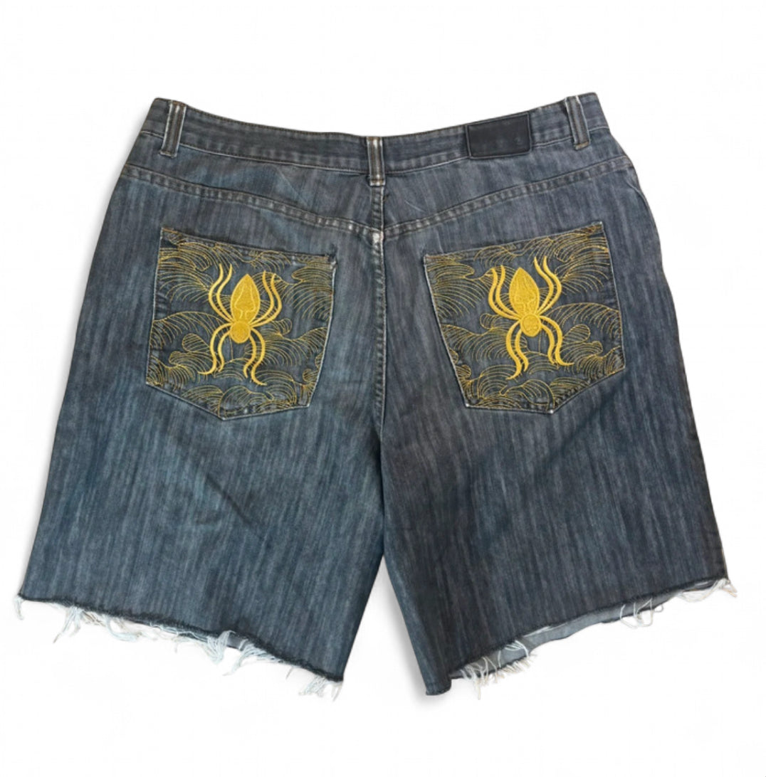 VINTAGE B&T AKADEMIKS Y2K SPIDER + WEB EMBROIDERED DENIM JORTS - GREY