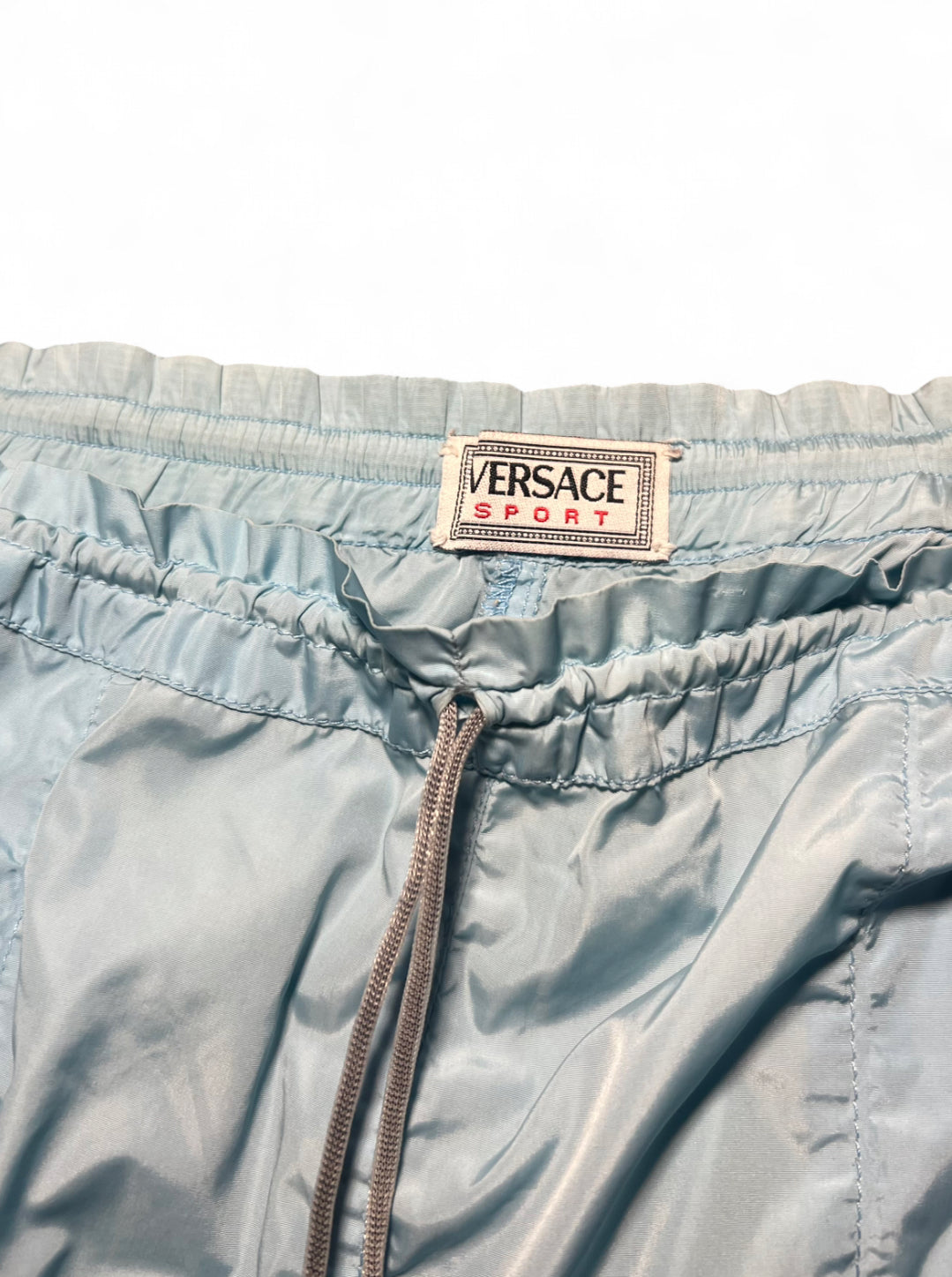 VINTAGE VERSACE SPORT LIGHTWEIGHT NYLON TRACK TROUSERS SKY BLUE SIZE S